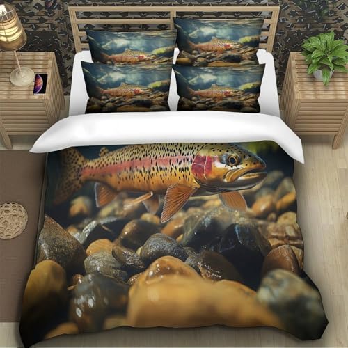 Housse de couette truite 3D King en microfibre avec taie d'oreiller