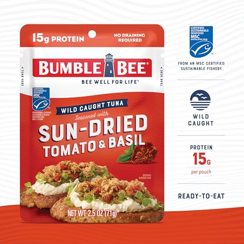 Image of Bumble Bee Sun-Dried Tomato & Basil Seasoned Tuna, 2.5 oz Pouch - Ready to Eat - Wild Caught Tuna Packet - 15g Protein per Serving - Gluten Free (Pack of 4)