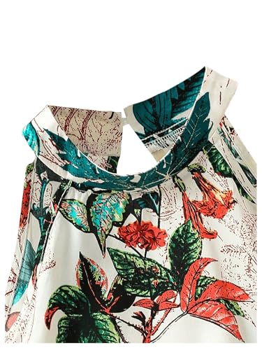 Image of OYOANGLE Girl's Boho 2 Piece Outfits Tropical Print Halter Tank Top and Wide Leg Pants Set Vacation Outfit