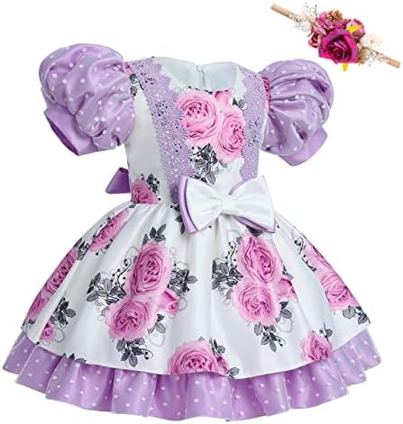 Girls Flower Puff Sleeve Dress 2PCS Pageant Princess Summer Dresses with Floral Headband Front Bowknot Wedding Birthday Dress Up Clothes Baby Girl Christening Baptism Outfits Purple 6-12 Months