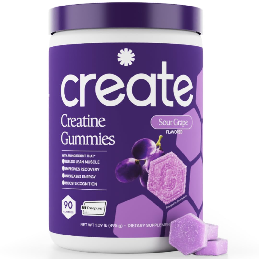 Create Creatine Monohydrate Gummies for Women and Men, Sour Grape, 90ct | NSF Certified for Sport, Third Party Tested, Made in USA, Vegan, Gluten Free, Non-GMO, 1.5g Creatine per Gummy, Anti-Melting