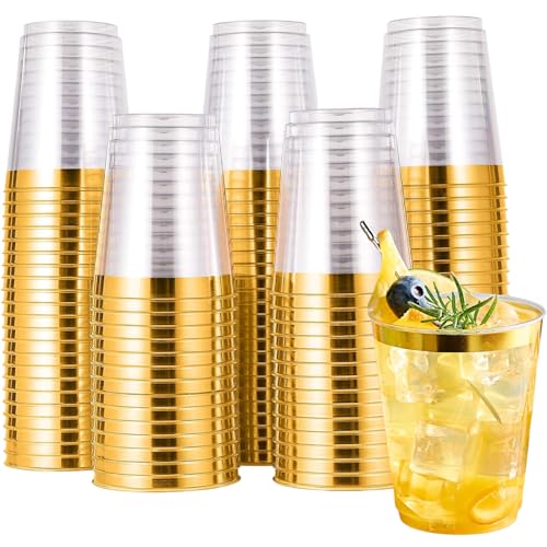 AUTOWNLUX 50 Stück Hartplastik Plastikbecher mit Gold Rand, 300ml/10oz Kunststoff Trinkbecher, Mehrweg Transparent Partybecher für Party, Hochzeiten, Geburtstag