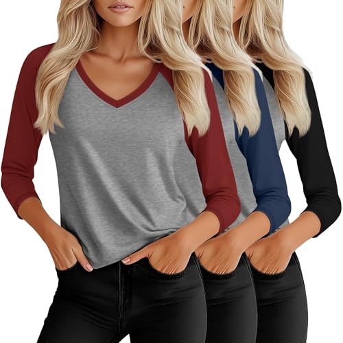 3 Pack Women’s V Neck 3/4 Sleeve Shirts, Raglan Color Block Tees Baseball Style Loose Casual Tops