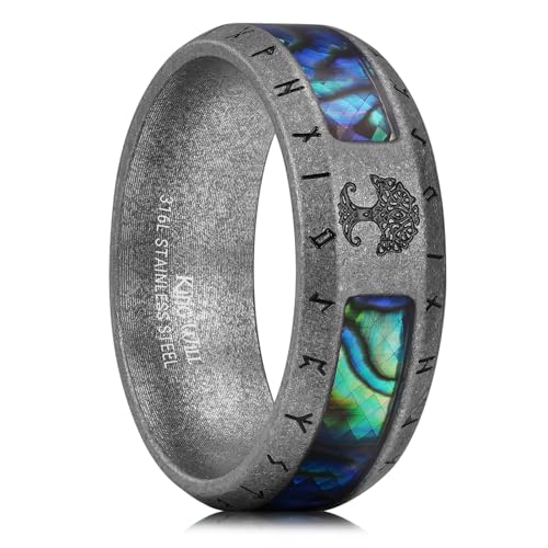 King Will Viking Stainless Steel Wedding Band - 8mm Men Ring with Tree of Life Rune Design and Abalone Shell Inlay in Grey/Gold/Black Vintage Finish,Comfort Fit Size 7-14