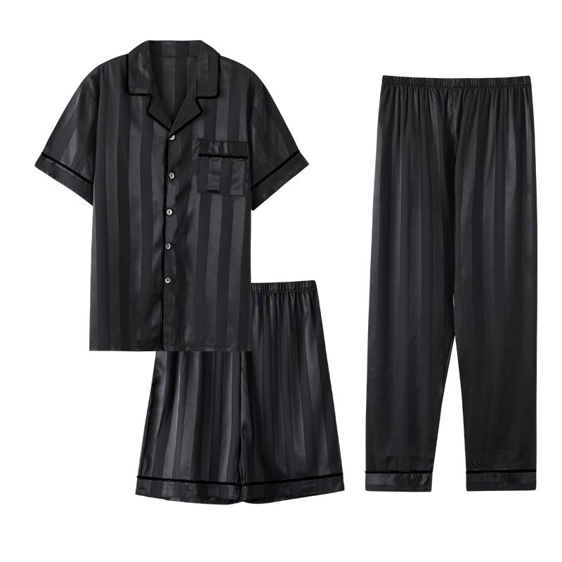 Betusline Men's Satin Sleepwear 3-piece Set Classic Button Short Sleeved Pj Set S-XXL