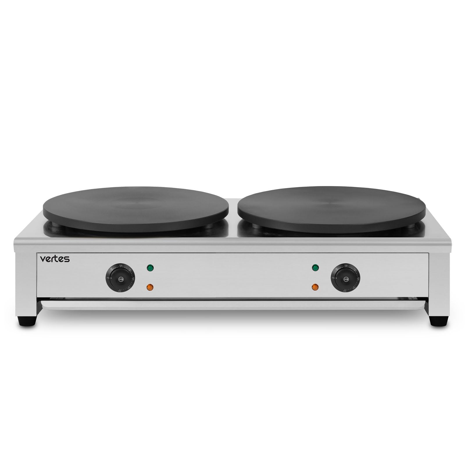 VERTES Crepes Maker Doppelt Crepesmaker Elektrisch aus Edelstahl mit 2x 40cm Platte 2x 3000W, Antihaftbeschichtung, Temperatur Stufenlos Regulierbar von 50-300°C, Gastro Profi, Inkl. Holzverteiler