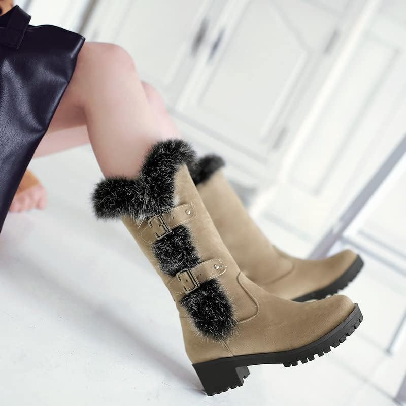 CROSSBABY Women Winter Real Fur Rabbit Boots Metal Buckle Comfy Warm Mid-Calf High Snow Boots, Suede Quilted Comfortable Winter Boot