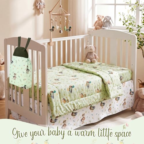 Image of Hahafelt 4 Pieces Crib Bedding Set for Girls and Boys, Soft Baby Bedding Set Including Crib Skirt, Comforter, Sheet and Diaper Stacker for Nursery (Mallard Duck)