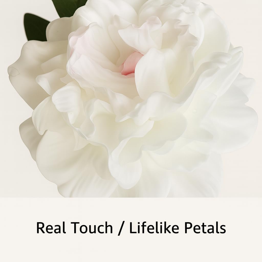 Floral Kingdom Artificial Peony Flowers 1-Pack White in Glass Vase with Faux Water - Real Touch Faux Flowers for Home Decor, Table Centerpieces