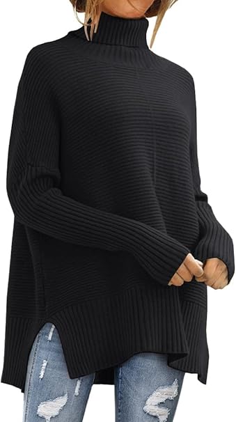 Womens Mock Turtleneck Sweaters Long Batwing Sleeve 2023 Fall Plus Size Asymmetric Hem Vintage Oversized Pullover Sweater Winter Tops Black