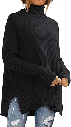 Womens Mock Turtleneck Sweaters Long Batwing Sleeve 2023 Fall Plus Size Asymmetric Hem Vintage Oversized Pullover Sweater Winter Tops Black