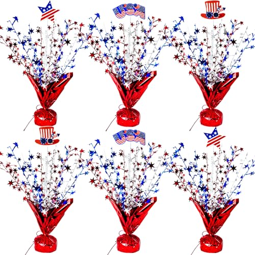 YinNorth 6 Pcs 4th of July Table Decoration Red White and Blue Table Centerpiece Metallic Foil Spray Star Burst Patriotic 250th Anniversary Independence Memorial Labor Veteran Day Tabletop Party Decor