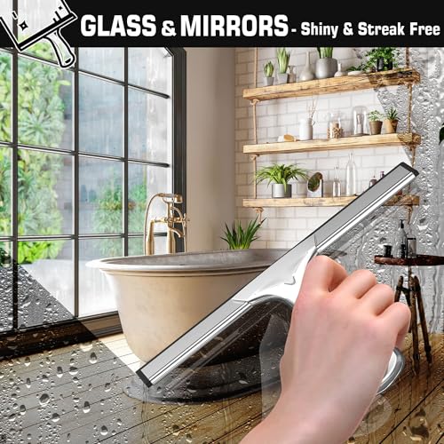 OVSGTTZ All-Purpose Stainless Steel Shower Squeegee for Glass Doors with 2 Adhesive Hooks, Squeegee for Bathroom Cleaner Tool Household Window Mirror Squeegee, Cleaning Tile Wall, Car, 10 Inch Silver