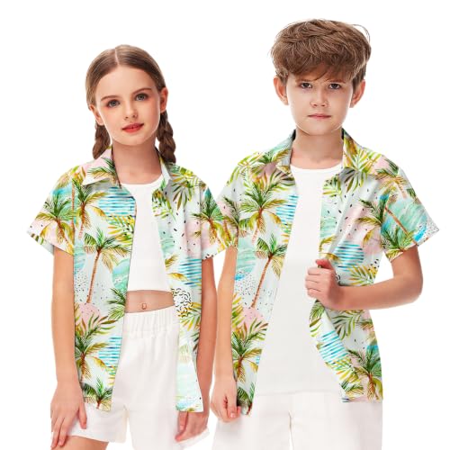 Image of Remimi Unisex Kids 4th of July Button Up Shirt Boys American Flag Print Hawaiian Beach Short Sleeve Tops 5-14 Years