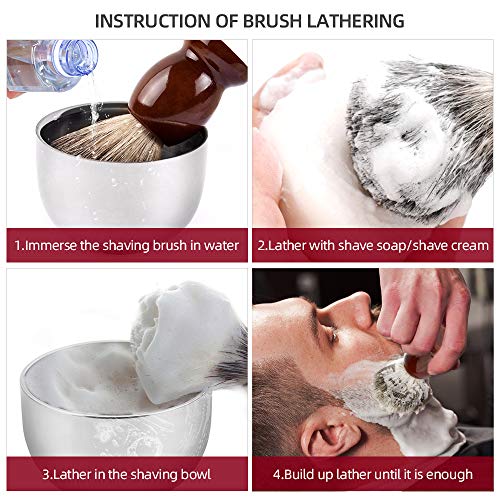 Shaving Set, INTSUN 3in1 Pure Badger Hair Shaving Brush Natural Solid Wood Handle and Stainless Steel Shaving Bowl with Shaving Stand, for Men Wet Shaving Gift