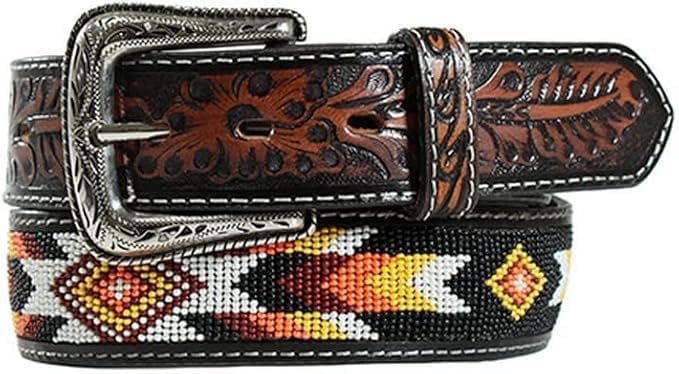 Beaded Handmade Men's Leather Belt Quality Thick Durable Wax Colorful Designs Cowboy Western Style Alloy Classic Fitted Casual Formal Wear in Pant Trouser Jeans Size: W-34-37/L-43in