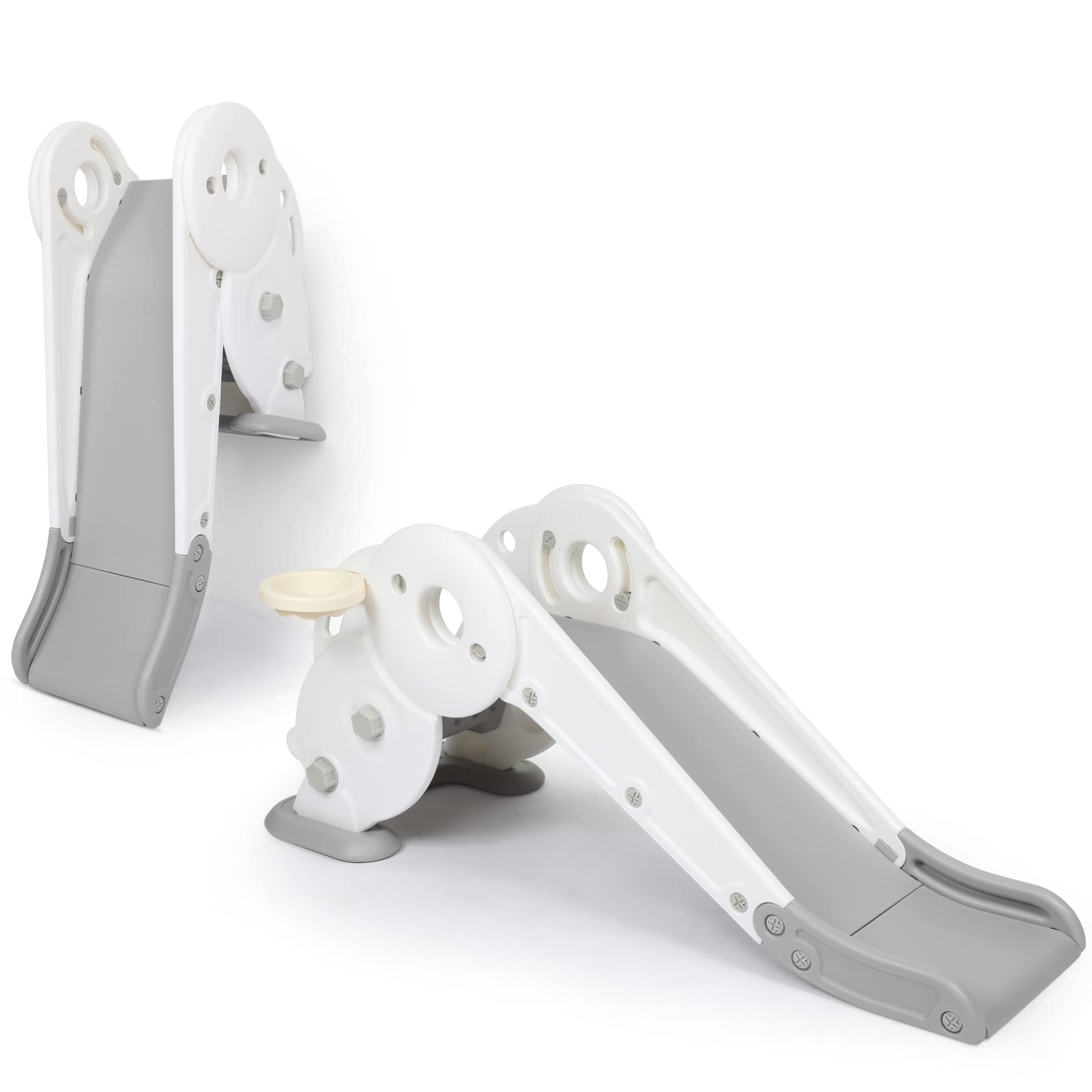 Kids Slide for Toddlers Age 1-4 Indoor Baby Plastic Slide Outdoor Climber Freestanding Playset with Basketball Hoop(White)