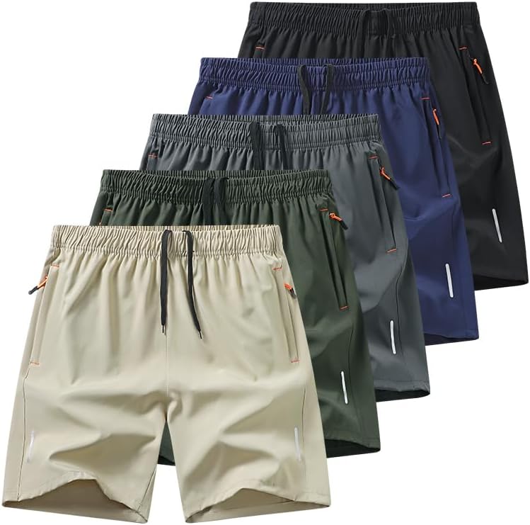 Men's Athletic Shorts with Zipper Pockets, Quick Dry Breathable Summer Capri Pants, Reflective Design, 5 Pack