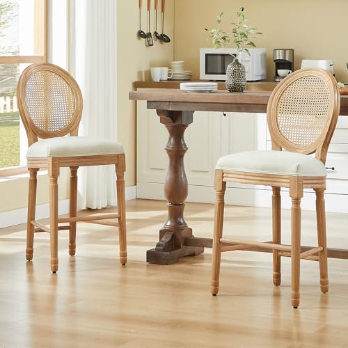 Image of Virabit French Country Bar Stool Set of 2, Rattan Counter Height Chairs with Solid Wood Frame and Upholstered Seating, 26 Inch Bar Stools