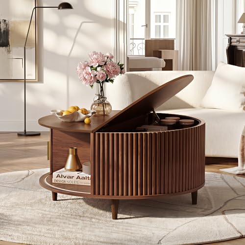 Image of WLIVE 31.5 inch Round Coffee Table with Storage, Walnut Brown | with Sliding Cabinet Door, Mid Century Modern Fluted Center Table for Living Room, Small Space. 31.5 inch Dia. x 17.5 inchH