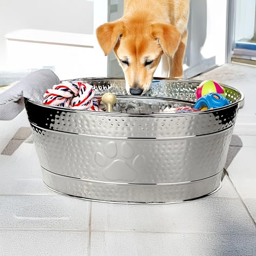 BREKX Stainless Steel Indestructible Dog Toy Bin - Pet Storage Bin with Handles, Large Organizer Storage Basket for Pet Toys, Blankets, Leashes - Pawprint Design Home Decor (Silver - 25 Quart)