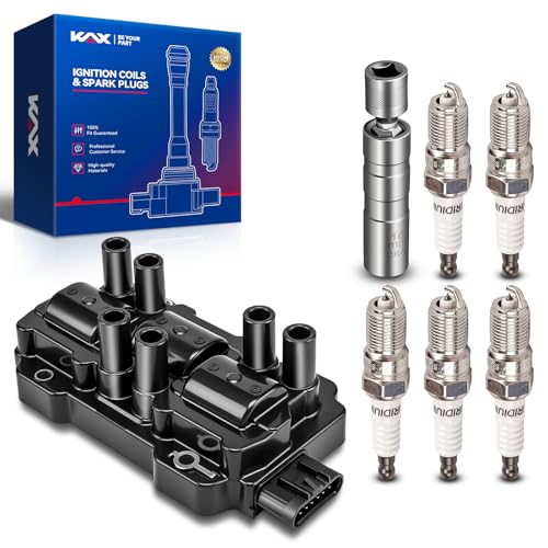 Image of KAX Ignition Coil & 5 Spark Plugs Set for Impala, Equinox, Malibu | (w /tool) Fits Silverado 1500, Pontiac G6, GMC Sierra 1500, Buick Lucerne 2005-2014 V6 3.4L 3.5L 3.9L 4.3L, UF434