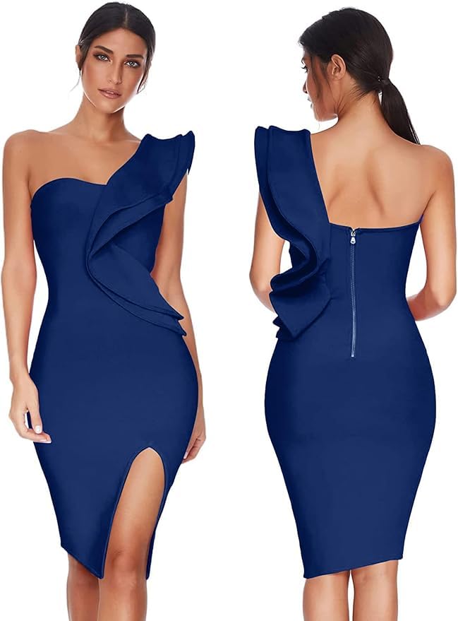 Image of One Shoulder Ruffle Dress Side Split Bodycon Bandage Dress Wedding Guest Dress