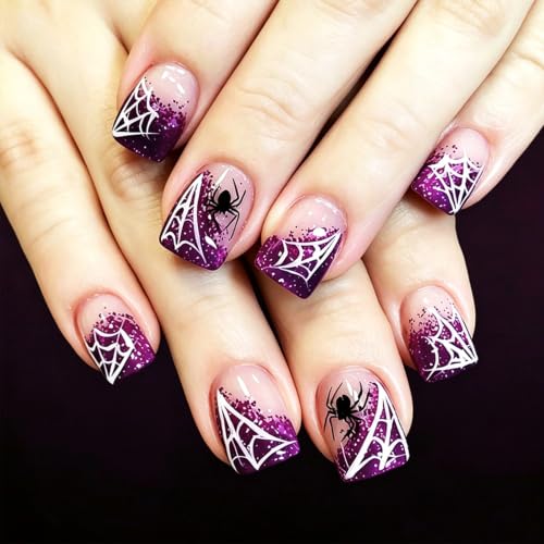 Press on Nails Halloween White Spider Web Short Square Fake Nails