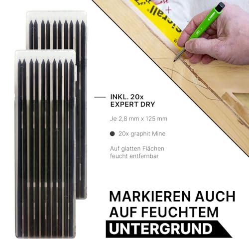 EXPERT DRY All-in-One Markierstift mit 2x Graphit-Minen-Sets | Nachfüllbarer Tieflochmarker mit Graphit-Set | Vielseitig auf Holz, Glas, Metall | Zimmermannsbleistift mit Minenautomatik