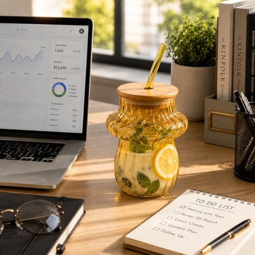 Image of Glass Tumblers with Wooden Lid and Glass Straw, 400ml, Borosilicate Glass, for Coffee, Iced Coffee, Juice and Smoothies, Coffee Mug, Sipper, Glass Tumbler (Golden - Mushroom Shape)