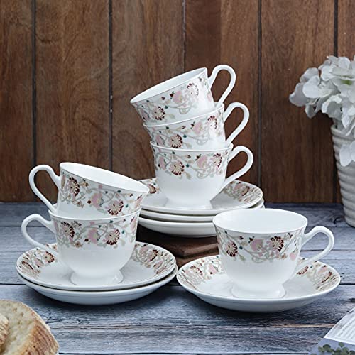 Image of Clay Craft New Georgian Series Fine Ceramic Cup&Saucer Set of 12 (6 Cups+6 Saucers) Red&White Floral Design-Gift to Your Loved Ones On Any Occassions.,Medium (Cc-Cs12-Newgeorgian-S398) 180 Milliliter