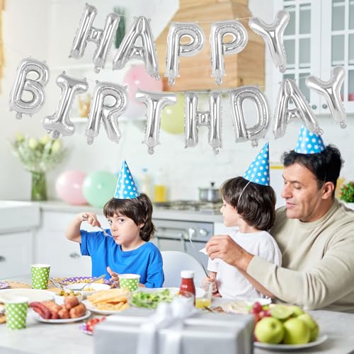 Image of 65 Pcs Silver Happy Birthday Balloons, 2 Sets A-Z Silver Letters Foil Balloons, 16 Inch Personalized Name Happy Birthday Banners for Wedding Baby Shower Anniversary Party Decorations