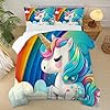 FUYEUN Unicorn Bedding Twin Size Rainbow Unicorn Comforter Set for Girls Kids Children Boys Bedroom Cartoon Light Blue Unicorn Quilt 1 Comforter + 1 Pillowcase #2