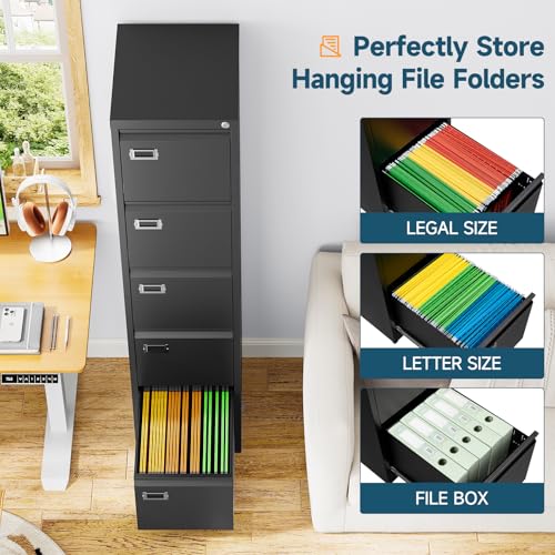 Image of MIIIKO 5 Drawer File Cabinet, Black Vertical Filing Cabinets with Lock, Home Office File Folders Storage Cabinet for Letter Legal File Size.