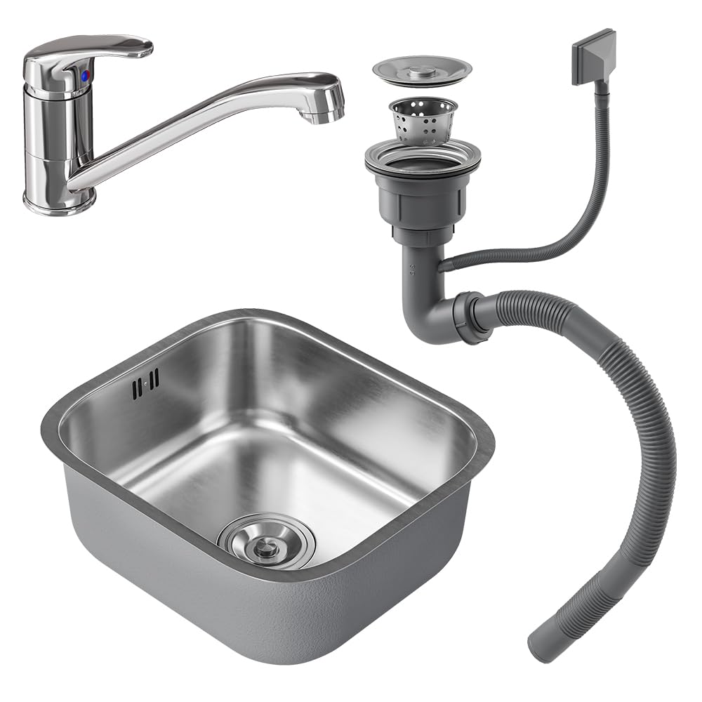 Vicco Zlew "Flova", Stal, 39 x 44 cm | Zestaw z kranem, wlotem i wylotem, convient à l'installation dans des plans de travail aux dimensions standard