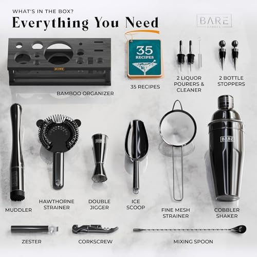 BARE BARREL Mixology Bartender Kit Bar Set | 16-Piece Cocktail Shaker Set | Martini Barware Mixing Tools for Home Bartending | Incl. 35 Recipe Cards | Gift Set (28oz Boston Shaker, Silver/Black) - Thumbnail 3