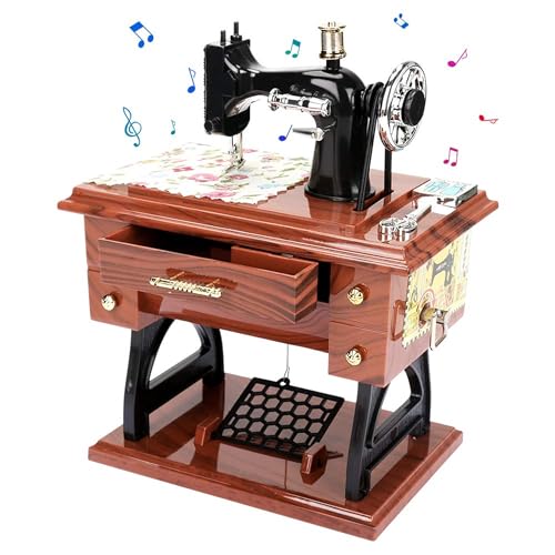 Image of AUGEN Exclusive Music Box Musical 360 rotatable Carousel Children's Wooden Men and Women Birthday Creative Christmas Valentine's Day Gift Home Decoration (Sewing Machine)