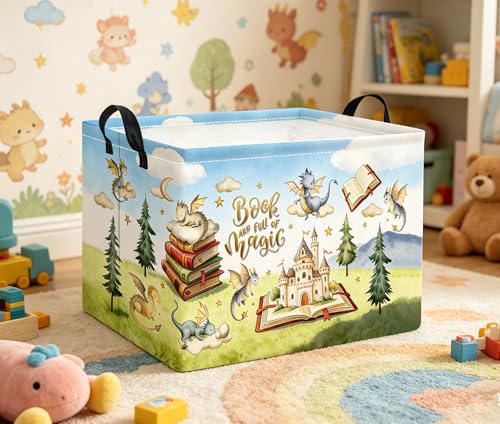 Image of Rectangular Baby Kids Storage Basket for Home Kitchen Girls Cute Toy Storage Bin Organizer Shelf Book Room Decor(Magic Dinosaur)