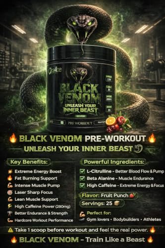 Image of Black Venom Pre-Workout Powder |Tangy Orange Flavour| Caffeine 280mg |25 Servings | 250 gm Pack of 5