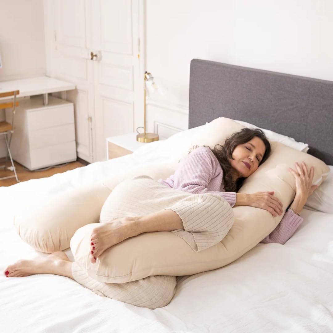 Chillow Original Körperkissen XXL - U-förmiges Schwangerschaftskissen & Seitenschläferkissen, ergonomische Stütze für Rücken, Hüfte, Knie & Kopf, Oeko-TEX, mit abnehmbarem Bezug (Beige (Baumwoll))