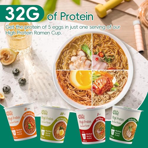 Image of VOLO VERO High Protein Instant Ramen Noodles Cups, 32g Protein, Variety | 6 Count, Chicken, Spicy Beef, Kimchi & Curry Flavors, Plant-Based, Vegan, Non-Fried, Low Fat, Non-GMO, Asian Meal