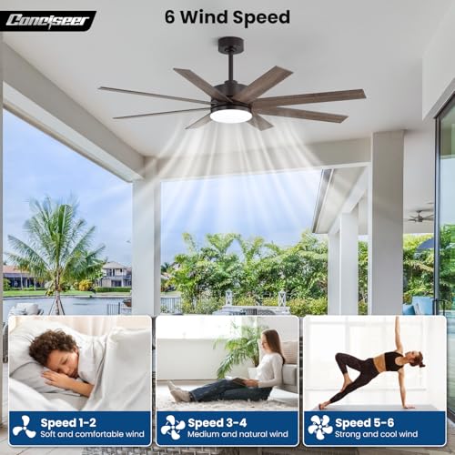 Image of 60 Inch Ceiling Fans with Lights and Remote, Dual Color 6 Blades, Bedroom Living Room Office Library Cafe Outdoor Industrial, 3CCT Dimmable, 6 Speed Reversible Quiet DC Motor, Brown /Wood Grain