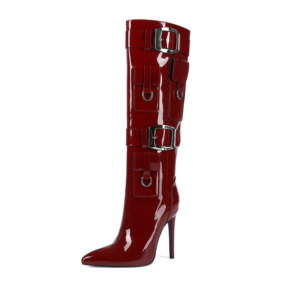 Knee High Boots Women Stiletto Heels Pointed Toe High Heel Fashion Boots Sexy Tall Boots with Buckle Straps