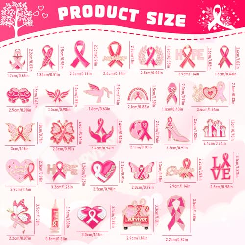 SANNIX 60Pcs Breast Cancer Pins, Breast Cancer Awareness Lapel Pins Pink Ribbon Brooch Badge Pins for Breast Cancer Survivor Month Charity Event, 30 Styles2