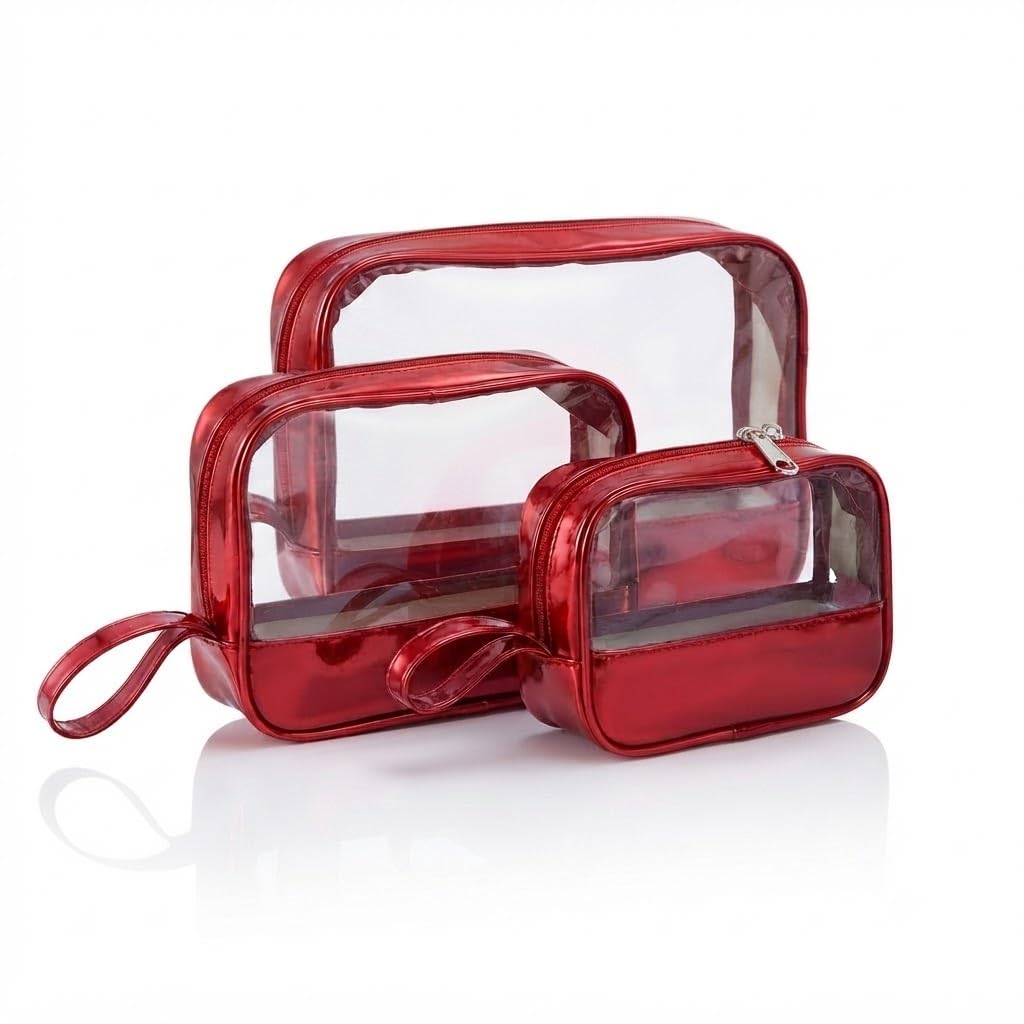 PVC Makeup Bag Travel Toiletries Organizer Cosmetic Bags Wash Bag Pouch for Travel Kit Toiletry Bag Portable Organizer Case Carry Pouch for Women Bathroom Set of 3 (Maroon)-image-8