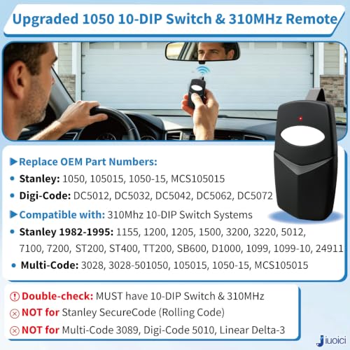 Image of 1PK Upgraded 1050 Remote for Stanley 310MHz 10-DIP Garage Door Gate Opener | Fits Stanley 1982-1995, Digi-Code 310MHz 10 DIP /Digit Opener, Replace 105015, More Stable & Secure, 150FT Range, Easy Setup