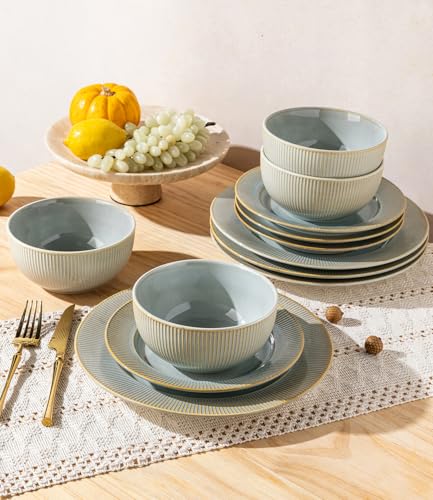 Image of TheTerra Stoneware Dinnerware Sets for 4, 12 Pieces Ceramic Plates and Bowls Sets, Scratch Resistant Embossed Dish Set, Oven, Microwave & Dishwasher Safe, Desert Sage