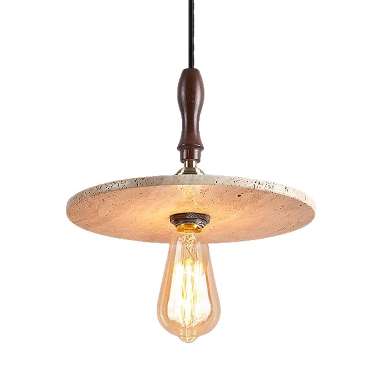 MTNROO Circular Travertine Pendant Lamp Fixture 7.8 in Hanging Lighting Natural Porous Travertine Creative Wooden-Handled Decoration E27 Base Wabi-sabi Style Middle for Hallway Kitchen Island Bedroom
