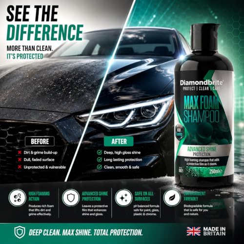 Image of Diamondbrite Max Foam Car Shampoo, Car Washing Shampoo with Advanced Shine Protection | Scratch-Free Cleaning for Paint, Glass, Chrome & Plastic | 300ml