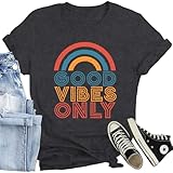 CQF Positive Vibe Quote Shirts Women Vintage Rainbow Good Vibe Only T-Shirt Casual Inspirational Tee Tops
